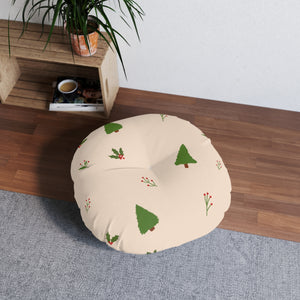 Round Tufted Holiday Floor Pillow - Evergreen Trees & Holly