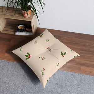 Beige Square Tufted Holiday Floor Pillow - Holly