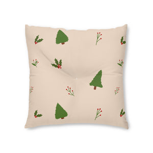 Square Tufted Holiday Floor Pillow - Evergreen Trees & Holly