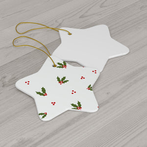 White Ceramic Holiday Ornament - Holly