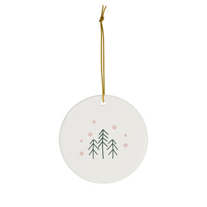Ceramic Holiday Ornament - Evergreen Trees & Red Snowflakes