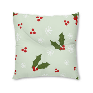 Square Tufted Holiday Floor Pillow - Holly & Snowflakes