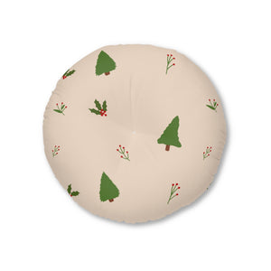 Round Tufted Holiday Floor Pillow - Evergreen Trees & Holly