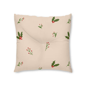 Beige Square Tufted Holiday Floor Pillow - Holly