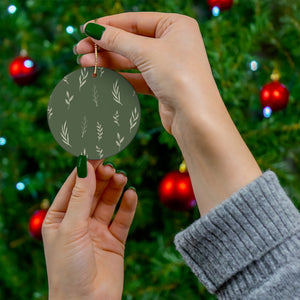 Green Ceramic Holiday Ornament - White Garland