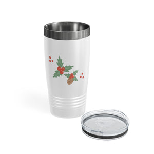 20oz White Ringneck Holiday Tumbler - Pinecones & Holly