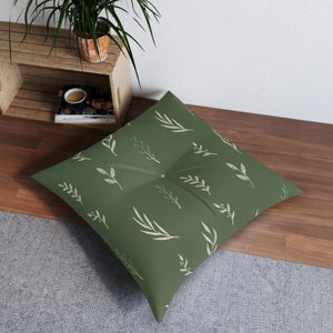 Green Square Tufted Holiday Floor Pillow - White Garland
