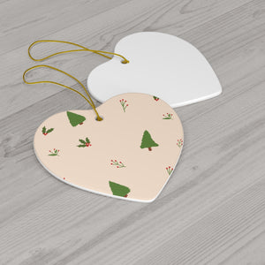 Beige Ceramic Holiday Ornament - Evergreen Trees & Holly