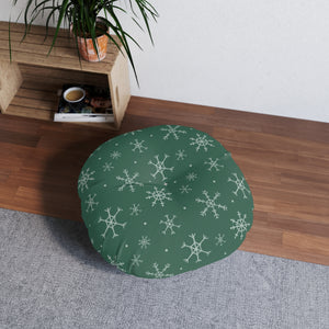 Green Round Tufted Holiday Floor Pillow - Snowflakes