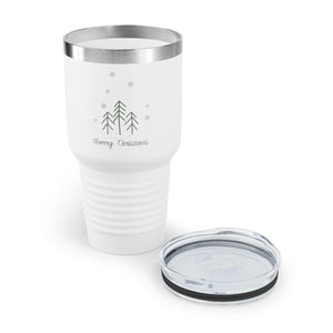 30oz White Ringneck Holiday Tumbler - Merry Christmas Evergreen Trees