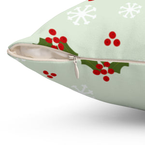 Green Polyester Square Holiday Pillowcase - Holly & Snowflakes