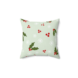 Green Polyester Square Holiday Pillowcase - Holly & Snowflakes
