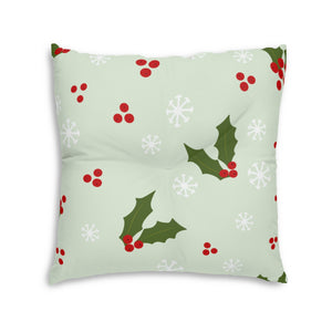 Square Tufted Holiday Floor Pillow - Holly & Snowflakes