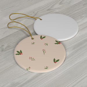 Beige Ceramic Holiday Ornament - Holly