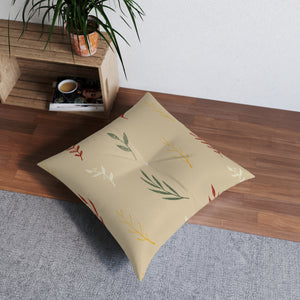 Beige Square Tufted Holiday Floor Pillow - Colorful Garland