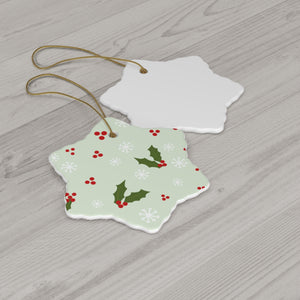 Ceramic Holiday Ornament - Holly & Snowflakes