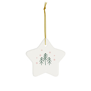 Ceramic Holiday Ornament - Evergreen Trees & Red Snowflakes
