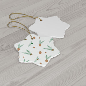 White Ceramic Holiday Ornament - Pinecones & Acorns