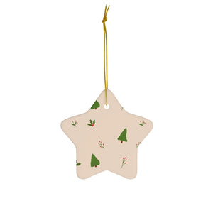 Beige Ceramic Holiday Ornament - Evergreen Trees & Holly