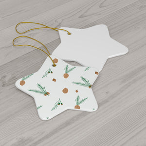 White Ceramic Holiday Ornament - Pinecones & Acorns
