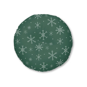 Green Round Tufted Holiday Floor Pillow - Snowflakes