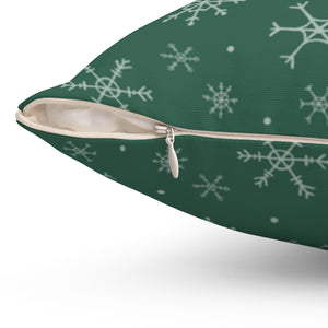 Green Polyester Square Holiday Pillowcase - Snowflakes