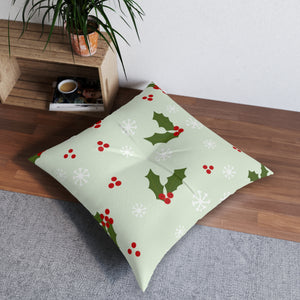 Square Tufted Holiday Floor Pillow - Holly & Snowflakes