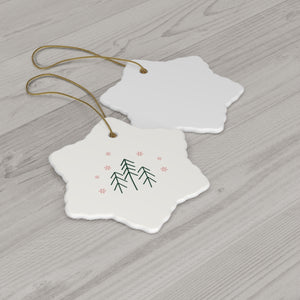 Ceramic Holiday Ornament - Evergreen Trees & Red Snowflakes
