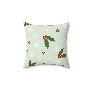 Green Polyester Square Holiday Pillowcase - Holly & Snowflakes