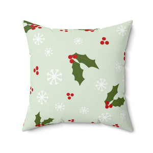 Green Polyester Square Holiday Pillowcase - Holly & Snowflakes