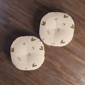 Beige Round Tufted Holiday Floor Pillow - Holly