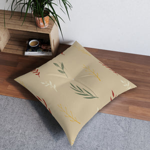 Beige Square Tufted Holiday Floor Pillow - Colorful Garland