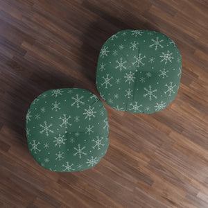 Green Round Tufted Holiday Floor Pillow - Snowflakes