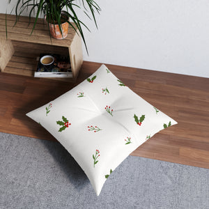 White Square Tufted Holiday Floor Pillow - Holly