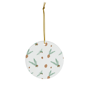 White Ceramic Holiday Ornament - Pinecones & Acorns