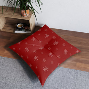 Red Square Tufted Holiday Floor Pillow - Snowflakes