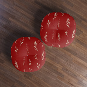 Red Round Tufted Holiday Floor Pillow - White Garland