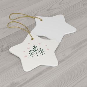 Ceramic Holiday Ornament - Evergreen Trees & Red Snowflakes