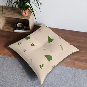 Square Tufted Holiday Floor Pillow - Evergreen Trees & Holly