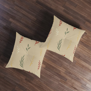 Beige Square Tufted Holiday Floor Pillow - Colorful Garland