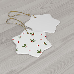 White Ceramic Holiday Ornament - Holly