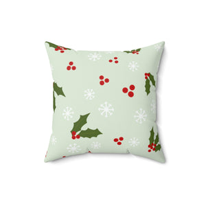Green Polyester Square Holiday Pillowcase - Holly & Snowflakes