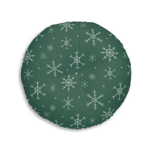 Green Round Tufted Holiday Floor Pillow - Snowflakes