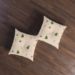 Square Tufted Holiday Floor Pillow - Evergreen Trees & Holly