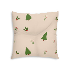 Square Tufted Holiday Floor Pillow - Evergreen Trees & Holly