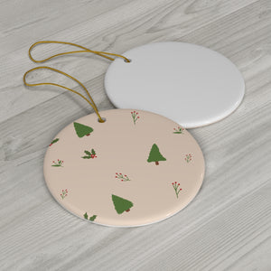 Beige Ceramic Holiday Ornament - Evergreen Trees & Holly