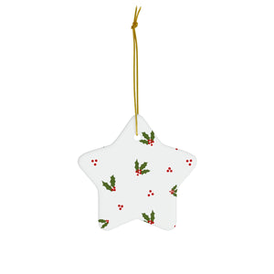 White Ceramic Holiday Ornament - Holly