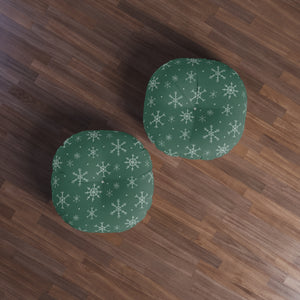 Green Round Tufted Holiday Floor Pillow - Snowflakes