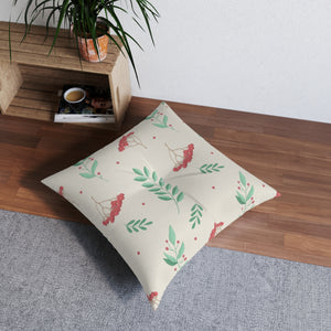 Square Tufted Holiday Floor Pillow - Large Red & Green Hollys