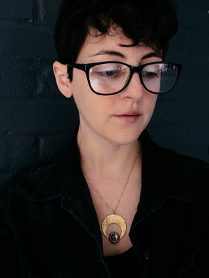 Crescent Moon Pendant with Brass & Dendritic Agate